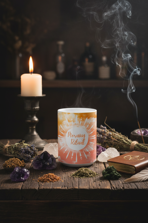 Morning Ritual Ceramic Mug on a dark witchy altar with crystals and candlelight