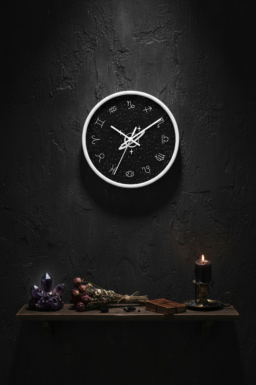 Astrology Themed Wall Clock on a dark moody wall with crystals and botanicals